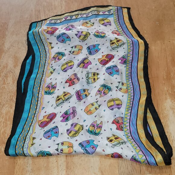 Vintage Laurel Burch Silk Scarf Wrap 10x50" Colorful Blue Purple Yellow Cats - Picture 7 of 8